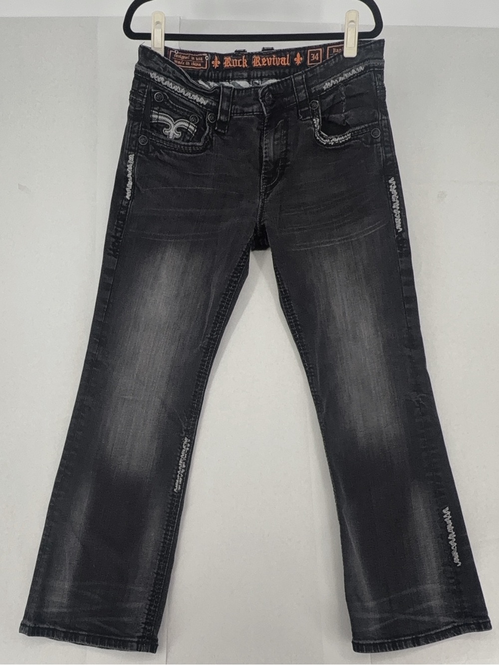 Rock Revival Hank Bootcut Jeans 34 Black Excellent Faded Distressed Denim